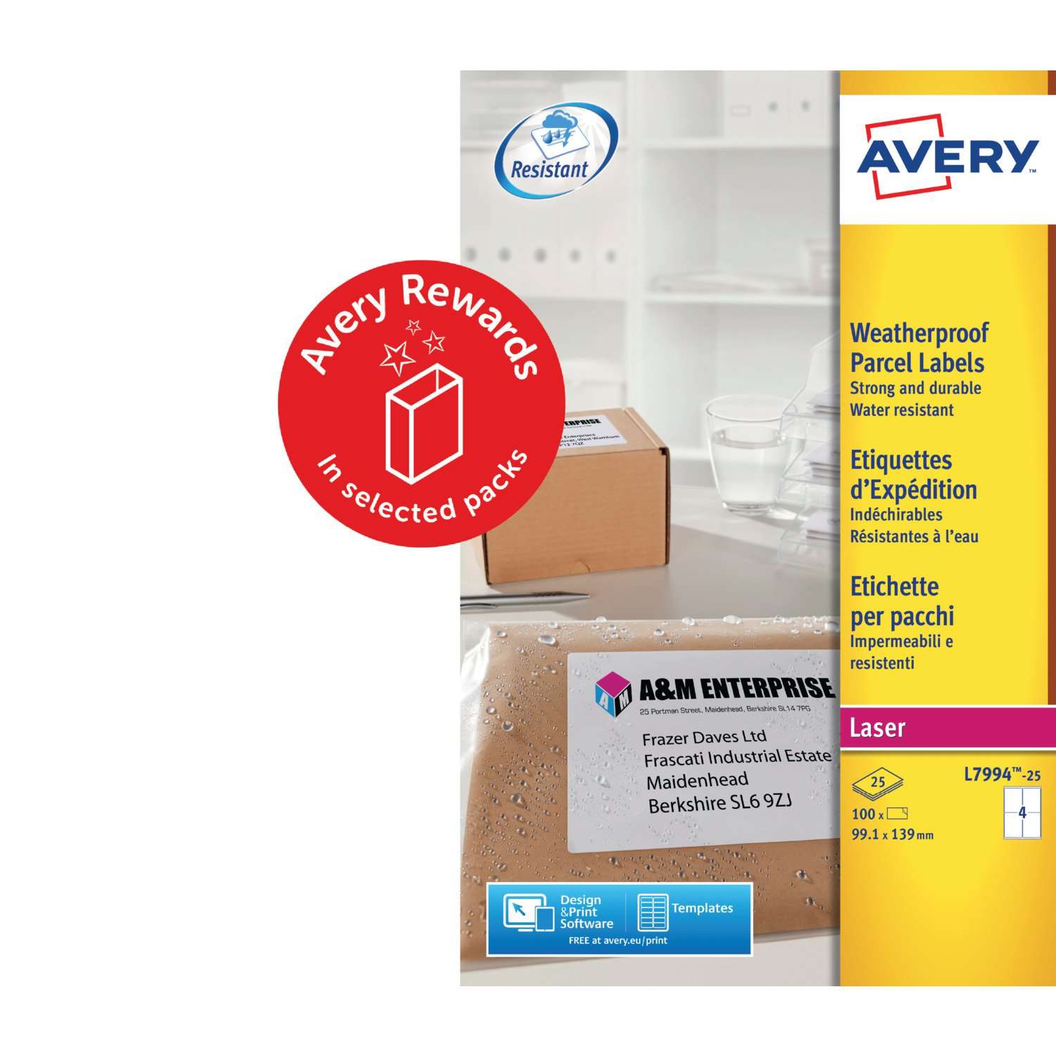 Avery L7994-25 Waterproof Labels 25 sheets - 4 Labels per Sheet